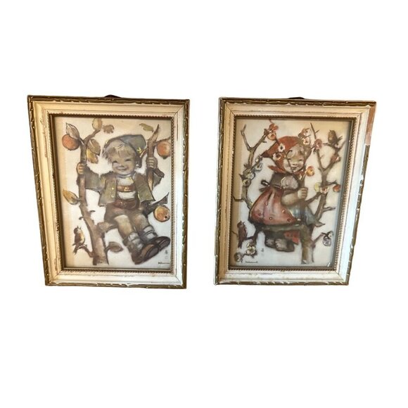 Vintage Hummel Style Boy & Girl Framed Prints 6x4.5 Inches - Picture 1 of 6